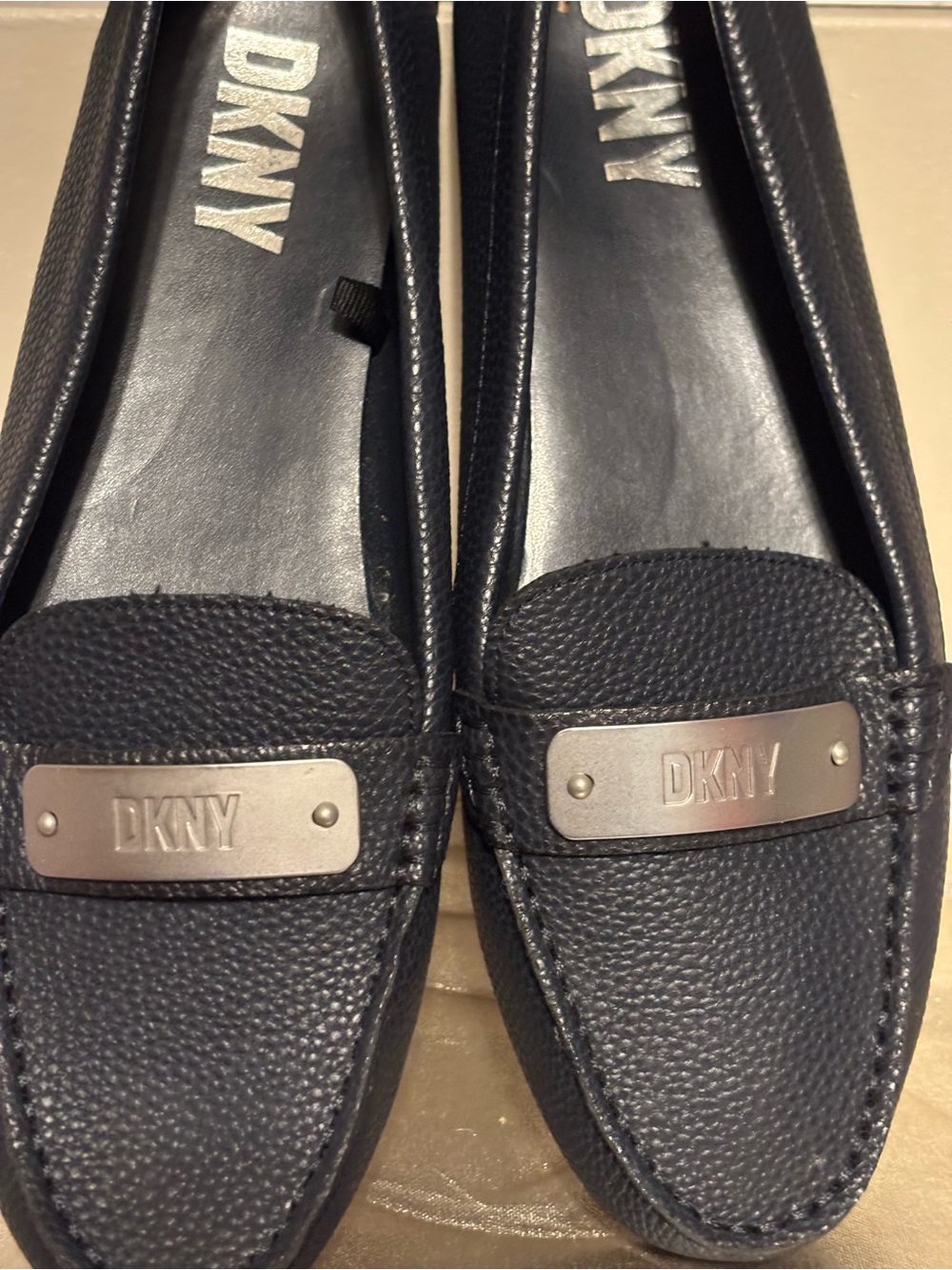 DKNY Navy Textured Leather Loafers with Branded Metal Plaque